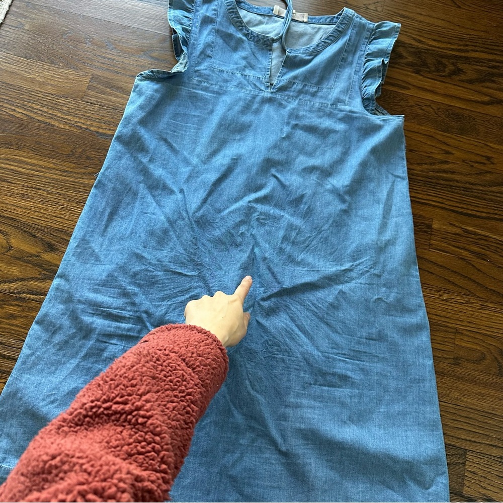 LOFT Blue Denim Chambray Mini Summer Shift Dress with ruffle sleeves & tassels - Picture 16 of 16